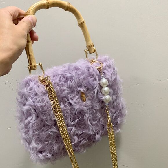 Handmade Genuine Curly Shearling Bamboo handle Bag/Shoulder Bag/Crossbody - Picture 9 of 16